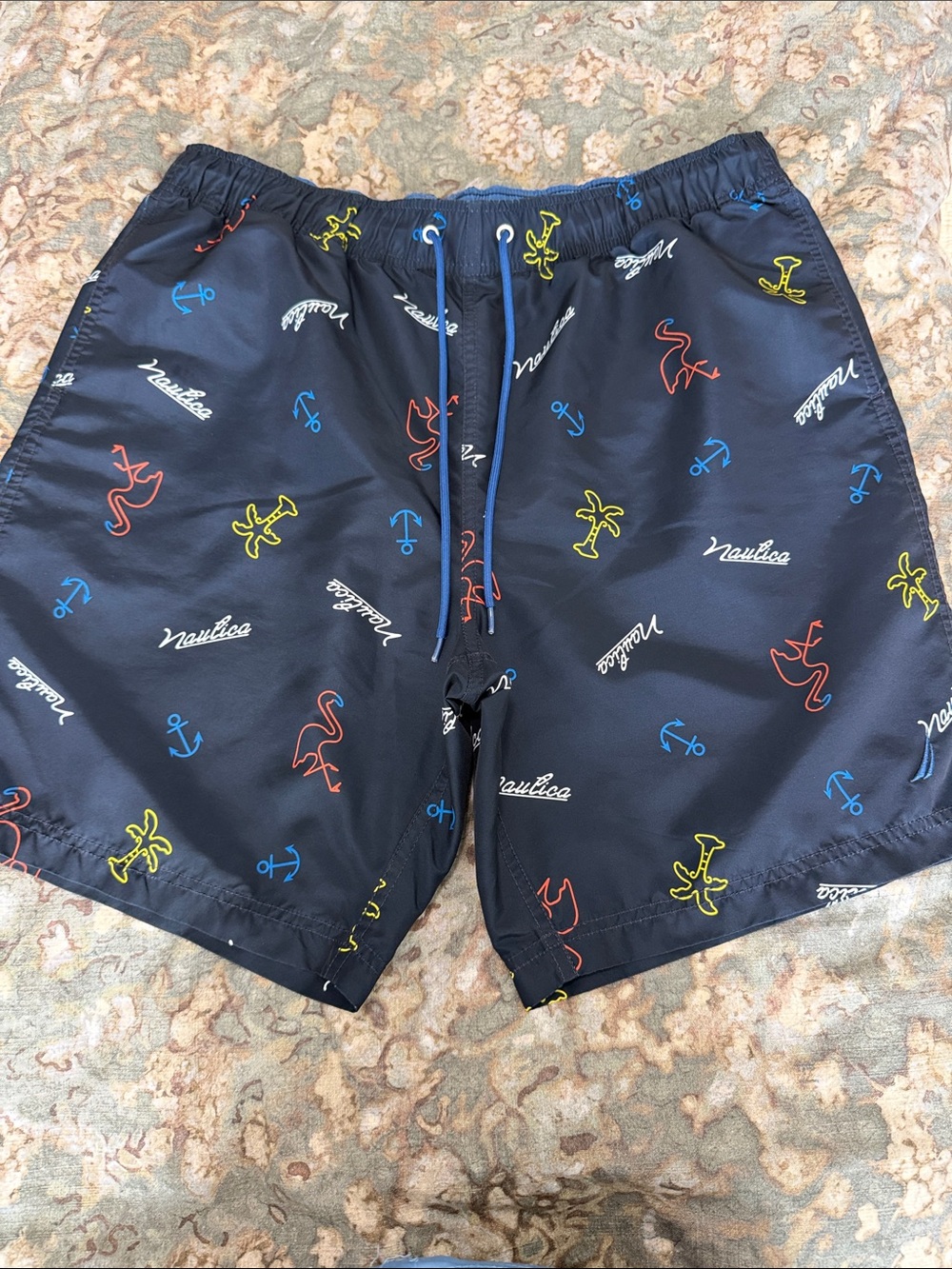 Nautica Navy Swim Trunks with Multicolor Anchor, Flamingo & Palm Print